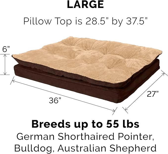 Furhaven Orthopedic Dog Bed for Large/Medium Dogs w/ Pillow Cushion Top & Removable Washable Cover, For Dogs Up to 55 lbs - Minky Plush & Suede Pillow Top Mattress - French Roast, Large