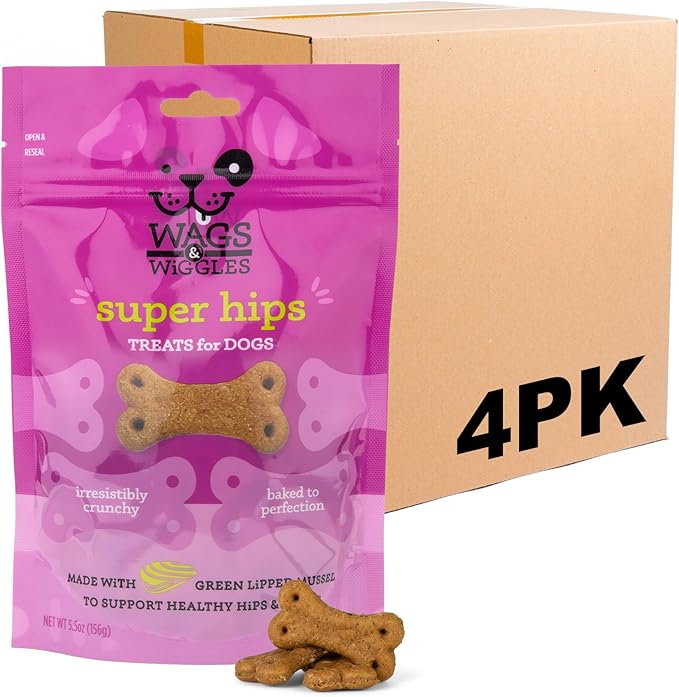 Wags & Wiggles Super HIPS Functional Treats for Dogs, Chicken Flavor, Resealable Bag | Hip & Joint Support Dog Treats with Green Lipped Mussel, Fish Oil, and Turmeric, 5.5 Ounce - 4 Pack