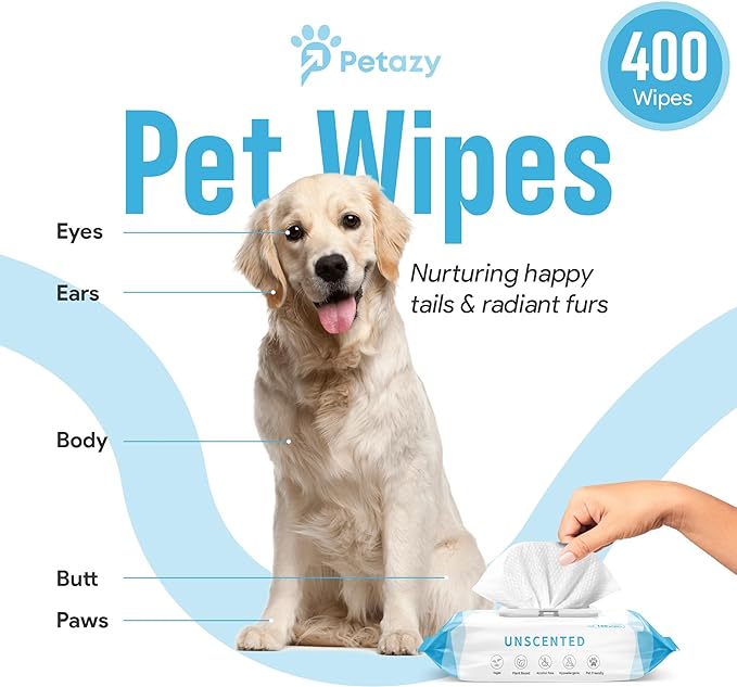 400 Dog Wipes for Paws and Butt Ears Eyes | Organic Pet Wipes for Dogs | Unscented Dog Wipes Cleaning Deodorizing | Extra Thick Paw Wipes for Dogs Cats Pets | Bonus Glove Wipes Included