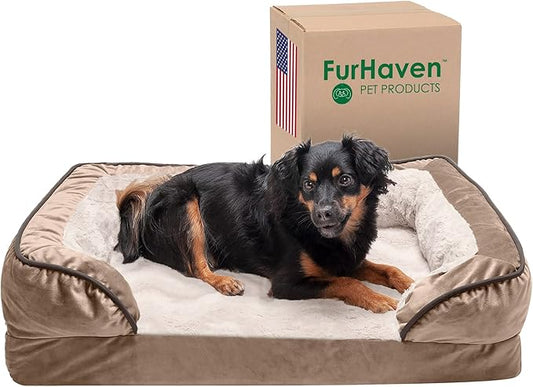 Furhaven Cooling Gel Dog Bed for Medium/Small Dogs w/ Removable Bolsters & Washable Cover, For Dogs Up to 35 lbs - Plush & Velvet Waves Perfect Comfort Sofa - Brownstone, Medium