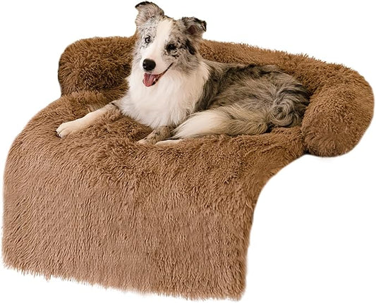 Dog Couch Bed Calming Dog Beds for Large Dogs and Cats Fluffy Plush Pet Beds for Sofa Furniture Protector with Nonskid Bottom, Washable Cover (41x37x6, Brown)