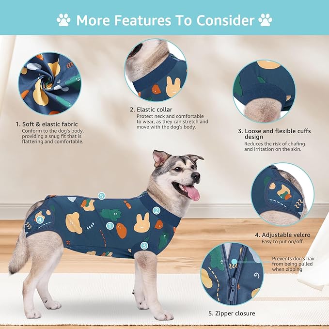 Recovery Suit for Dogs, Dog Surgery Recovery Suit with Zipper Closure Post Spay, Neuter, Abdominal Surgical Suit for Male Female Dogs Can Pee, Prevent Licking Dog Onesies, Blue Bear, XL