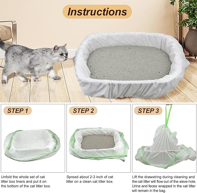 Sifting Cat Litter Box Liners Bags with Holes-Drawstring Scratch Resistant Waste (1, S (31×18inch))