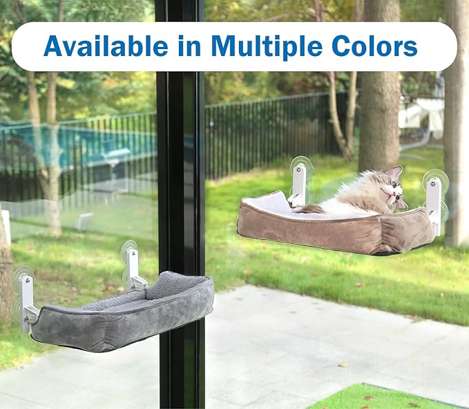 Foldable Cat Hammock for Window with Bolster - Cordless, Three-Side Bolstered Machine Washable Fluffy Bed, Robust Metal Frame - Cat Window Perch for Large Cats and Kittens - Brown/White