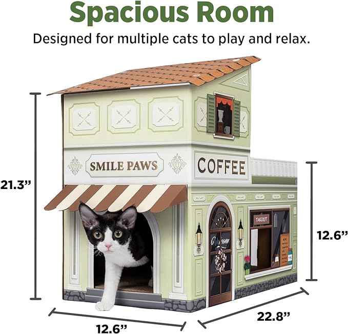 Cat Beds for Indoor Cats, Cardboard Cat House with Scratchers, Coffee Shop, Large Sturdy Cat Furniture Condo Cave Tent, Easy to Assemble Pet Toys Accessories Stuffs, Bunny Small Animals