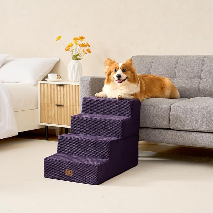 EHEYCIGA Dog Stairs for Bed 18”H, 4-Step Dog Steps for High Bed, Pet Steps for Small Dogs and Cats, Non-Slip Balanced Dog Indoor Ramp, Purple