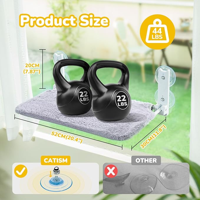 Foldable Cat Window Perch, Cordless Cat Hammock Window with 4 Strong Suction Cups, Cat Beds for Indoor Cats, Solid Metal Frame Holds 44lbs, Reversible Cover, 20.4L'' x 11.8W'', Grey