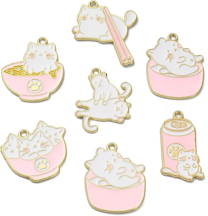 KitBeads 12pcs 6 Styles Cat Charms Enamel Pet Food Charms Drink Noodle Chopsticks Cute Animal Pink Kitten Charms for Jewelry Making Bulk