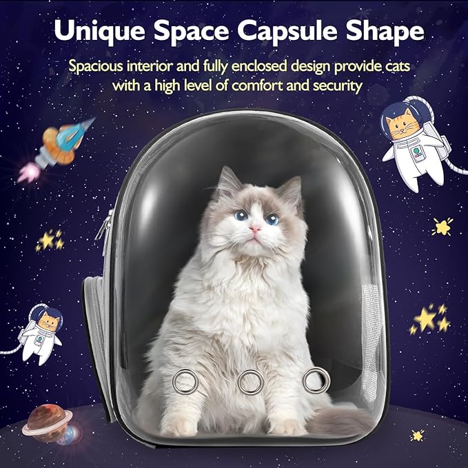 Pawaboo Cat Backpack Carrier, Pet Bubble Carrying Bag for Small Medium Kitty Puppy, Transparent Cat Space Capsule Backpack Airline Approved, Breathable Cat Travel Bag for Hiking Walking Camping, Black