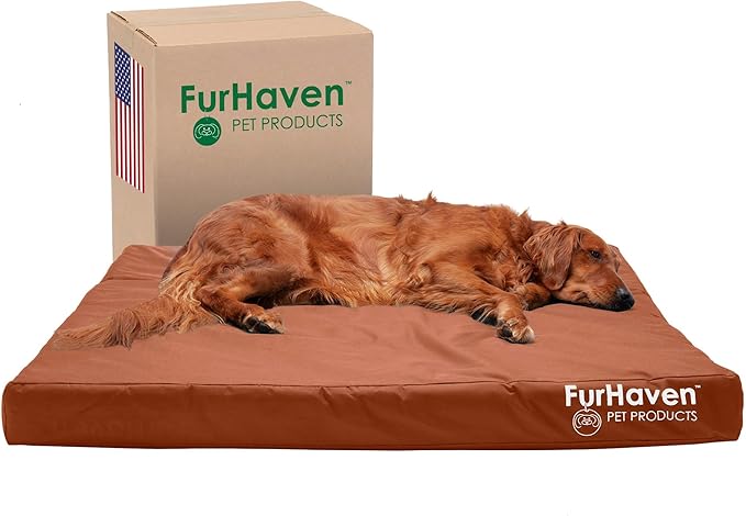 Furhaven Water-Resistant Cooling Gel Dog Bed for Large Dogs w/ Removable Washable Cover, For Dogs Up to 95 lbs - Indoor/Outdoor Logo Print Oxford Polycanvas Mattress - Chestnut, Jumbo/XL