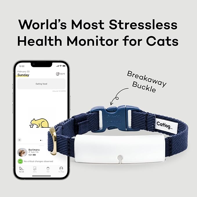 Smart Collar (Blue × White, L) - Smart Collar with a Breakaway Buckle, Healthcare Tracker for Indoor Cat, Live Behavior Tracking, Loss of Energy Alerts