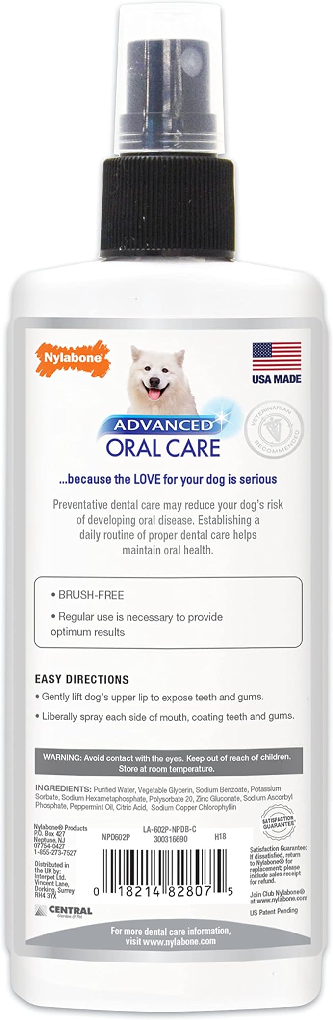 Nylabone Advanced Oral Care Dog Dental Spray - Liquid Tartar Remover - Dog Breath Freshener & Teeth-Cleaning Spray (4 oz.)