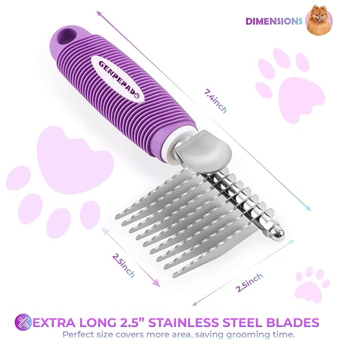 Dematting Undercoat Rake Comb for Dogs & Cats with Long 2.5-In Stainless Steel Safety Blades for Removing Knots, Mats & Tangles - Pet Grooming Deshedding Brush Tool with Anti-Slip Grip