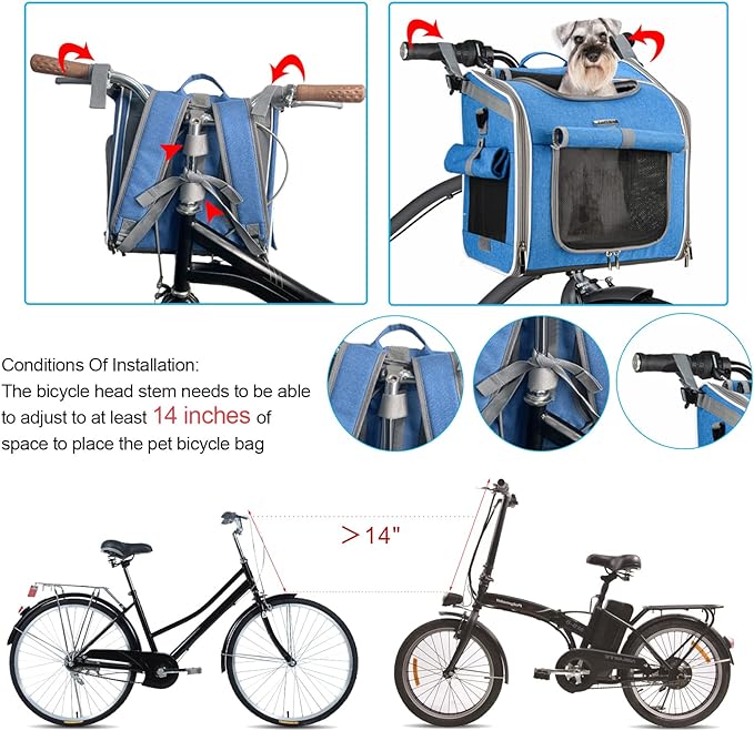 Dog Bike Basket, Expandable Soft-Sided Pet Carrier Backpack with 4 Open Doors, 4 Mesh Windows for Small Dog Cat Puppies - Blue