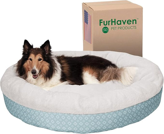 Furhaven 45" Round Donut Dog Bed for Large Dogs, Refillable w/ Removable Washable Cover, For Dogs Up to 90 lbs - Plush & Diamond Print Donut Bed - Aqua, Jumbo/XL