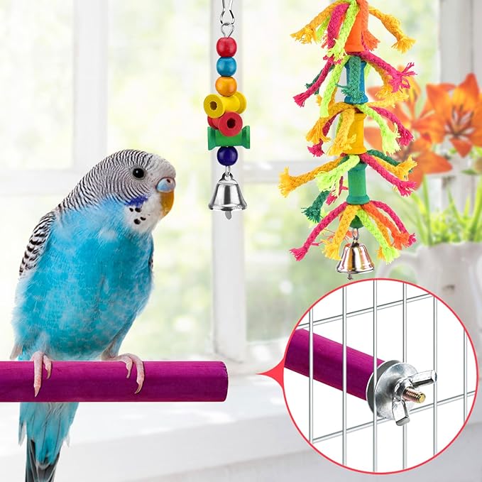 KATUMO Bird Toys, Parrot Swing Parakeet Ladder Conure Wood Perch Bird Chew Toys Cockatiel Hanging Bell Toys for Parakeet, Conure, Cockatiel, Mynah, Love Birds, Finch, Small Pet Birds