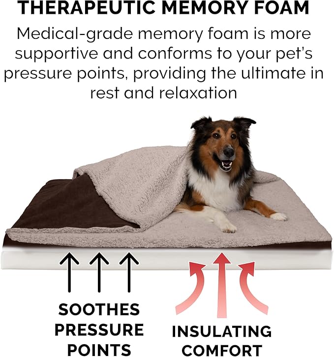 Furhaven Memory Foam Dog Bed for Large Dogs w/ Removable Washable Cover, For Dogs Up to 95 lbs - Berber & Suede Blanket Top Mattress - Espresso, Jumbo/XL
