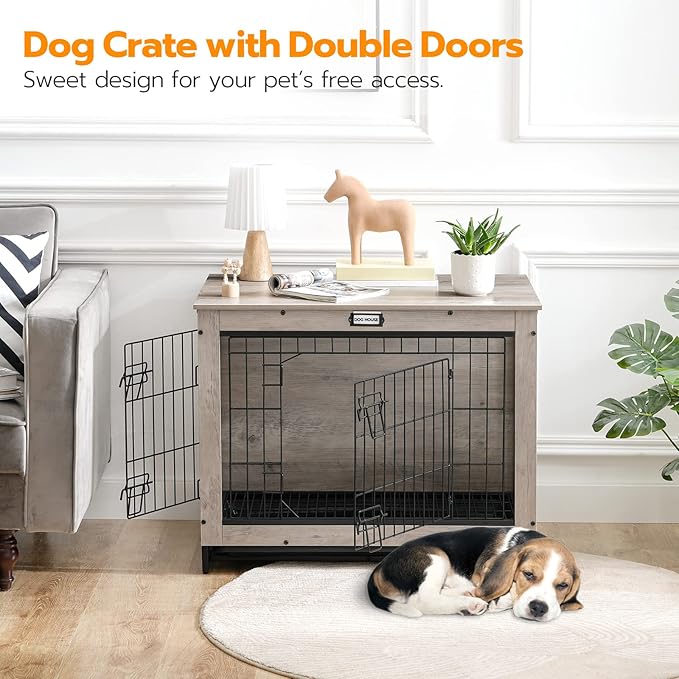 HOOBRO Dog Crate Furniture, 32.5" Medium Dog Kennel Indoor, Wooden Dog Crate with Pull-Out Tray, Double Doors Dog House, Modern Side End Table for Small/Medium Dog, Greige BG802GW03