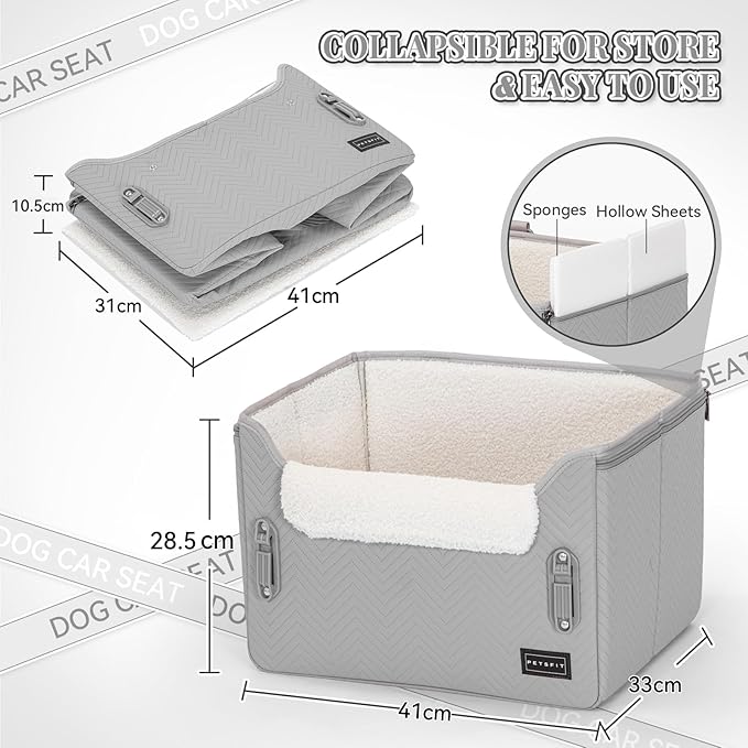 PETSFIT Dog Booster Seat, Portable Dog Car Seats for Small Dogs with Clip-On Leash, Patent Safe Buckles, Dog Booster Car Seat Suitable for Small Pets Up to 25lbs (Light Grey)