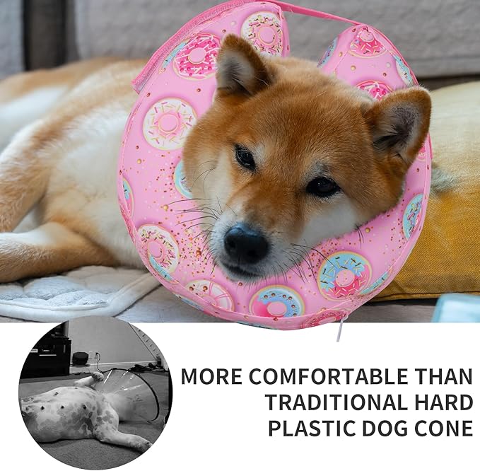 Protective Inflatable Dog Cone After Surgery, Soft Inflatable Donut Collar for Dogs and Cats, Prevent from Biting & Scratching (Pink Donut Collar L)