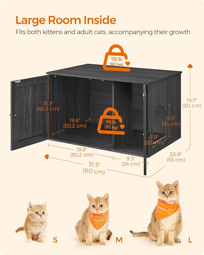 Feandrea Cat Litter Box Enclosure, Litter Box Furniture Hidden with Removable Divider, Indoor Cat House, End Table, 31.5 x 20.9 x 19.7 Inches, Ink Black UPCL002B01