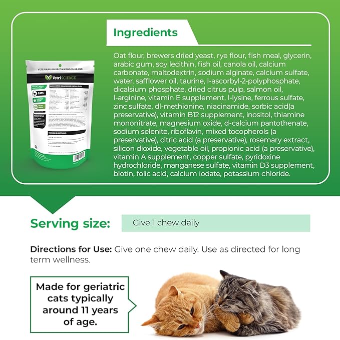 VetriScience Nu Cat Senior Multivitamin with Lysine for Cats - 30 Chews - Cat Supplements & Vitamins Designed to Support Heart, Eye and Brain Function, Immunity and Liver Health in Senior Cats