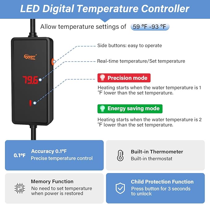 hygger 500w Aquarium Heater, Submersible Fish Tank Heater with Digital LED Controller and Intelligent Leaving Water Automatically Stop Heating System,for 75-130 Gallon Tanks