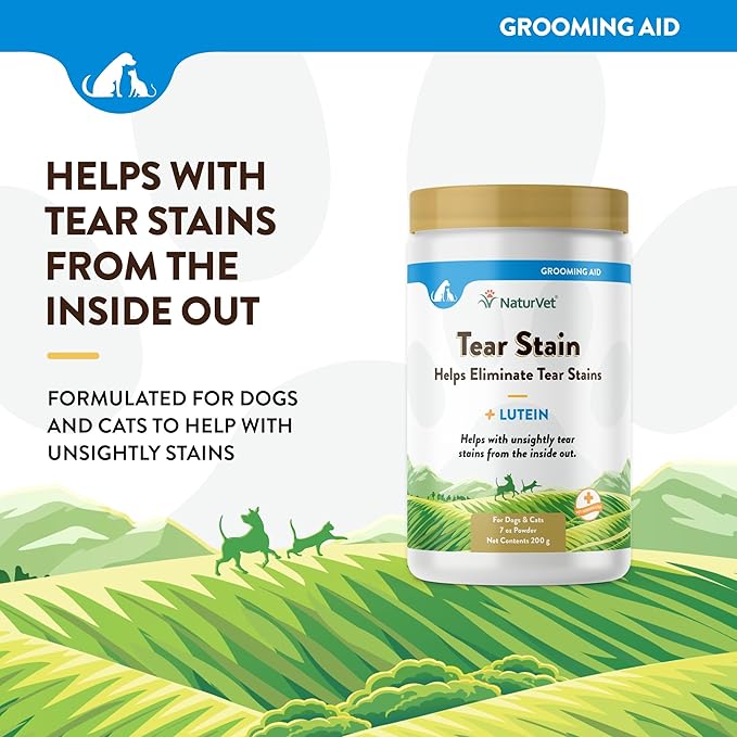 NaturVet – Tear Stain Plus Lutein | Eliminates Unsightly Tear Stains | Enhanced with Cranberry Extract, Calcium Ascorbate & Oregon Grape Root | for Dogs & Cats | 200 Gram Powder