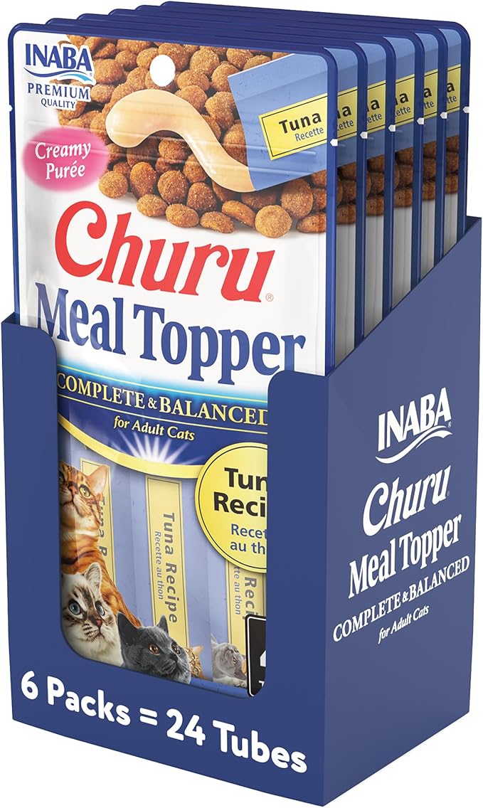 INABA Churu Meal Topper for Cats, Complete & Balanced, Creamy, Lickable Purée Cat Food Topper, 0.5 Ounce Tube, 24 Tubes (4 per Pack), Tuna Recipe