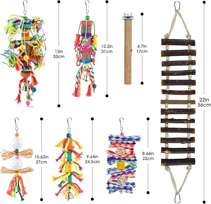 KATUMO Bird Toy Set, 7 PCS Small Bird Toys for Parrot, Including Wooden Ladder, Chewing Toys, Perch - Pet Activity Structure for Indoor, Outdoor, Climbing, Entertainment