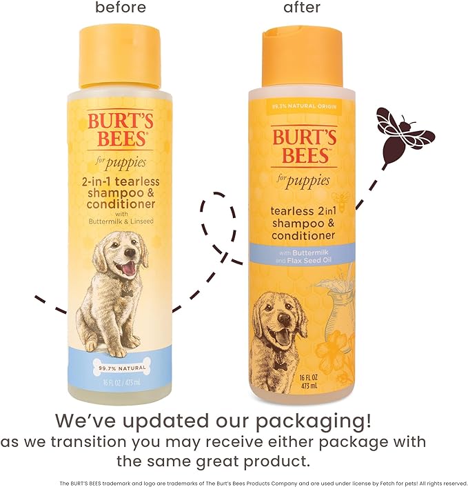 Burt's Bees for Pets Puppies Naturally Derived Tearless 2 in 1 Shampoo and Conditioner - Made with Buttermilk and Linseed Oil - Best Tearless Puppy Shampoo for Gentle Skin, 16 Oz - 2 Pack