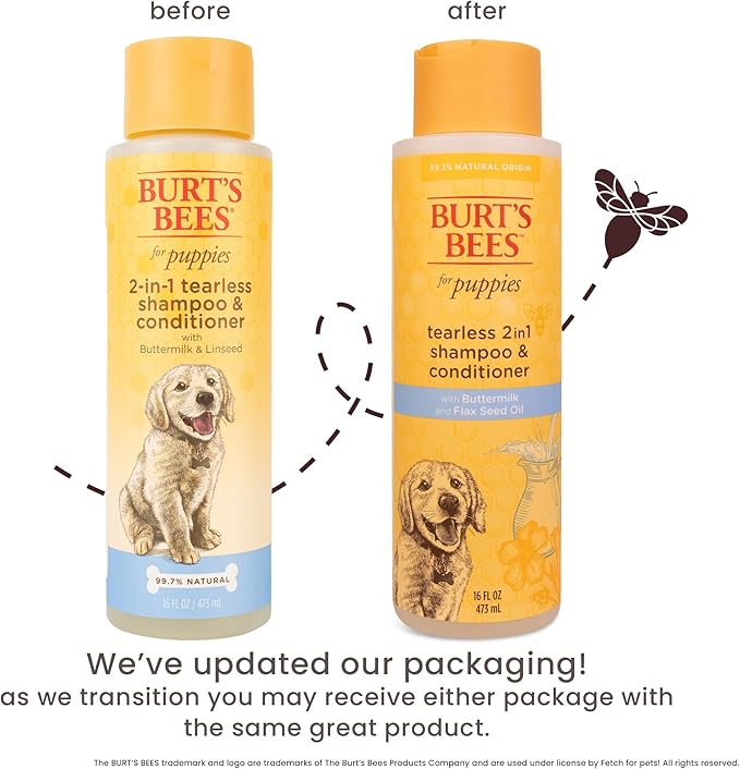 Burt's Bees for Pets Puppies Naturally Derived Tearless 2 in 1 Shampoo and Conditioner - Made with Buttermilk and Linseed Oil - Best Tearless Puppy Shampoo for Gentle Skin, 16 Oz - 6 Pack