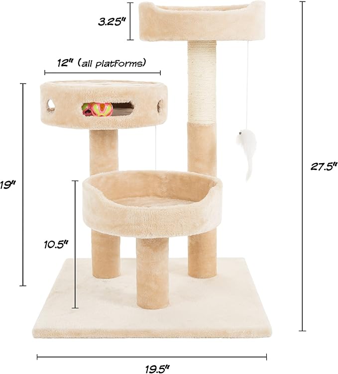 Cat Tree - 3-Tier Tall Cat Tower Condo with 2 Napping Perches, Sisal Rope Scratching Post, Hanging Mouse and Interactive Wheel Toy by PETMAKER (Beige), 27.5"