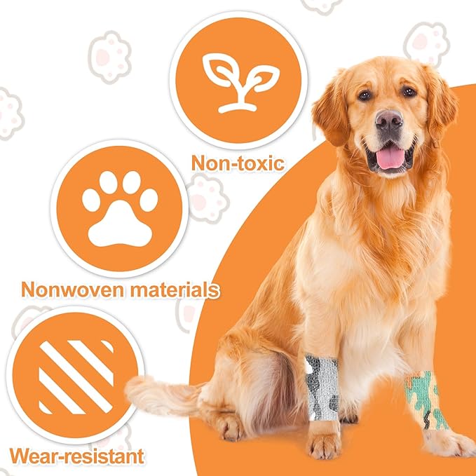 6 Roll 2 Inch x 5 Yards Camo Pet Vet Wrap for Dogs Cats, Cohesive Bandages in Bulk, Camouflage Non-Woven Self Adhesive Bandages Wrap Roll for Pet Animals Wound Care Ankle Sprains and Swelling