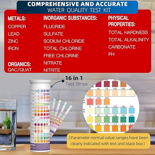 16 in 1 Home Water Testing Kits for Drinking Water -150 Strips for Swimming Pool, Aquarium, Spa, Tap, Well Water - Testing for pH, Lead, Hardness, Chlorine, Iron, Copper,etc