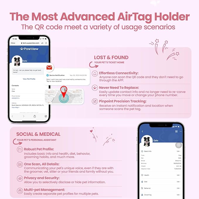 AirTag Dog Collar Holder, Smart QR Code AirTag Holder for Cats and Dogs - Scan Alert | Instant Location | Pet Online Profile | Contacts Info | Pet APP Remote Control (1 Pack, Pink)