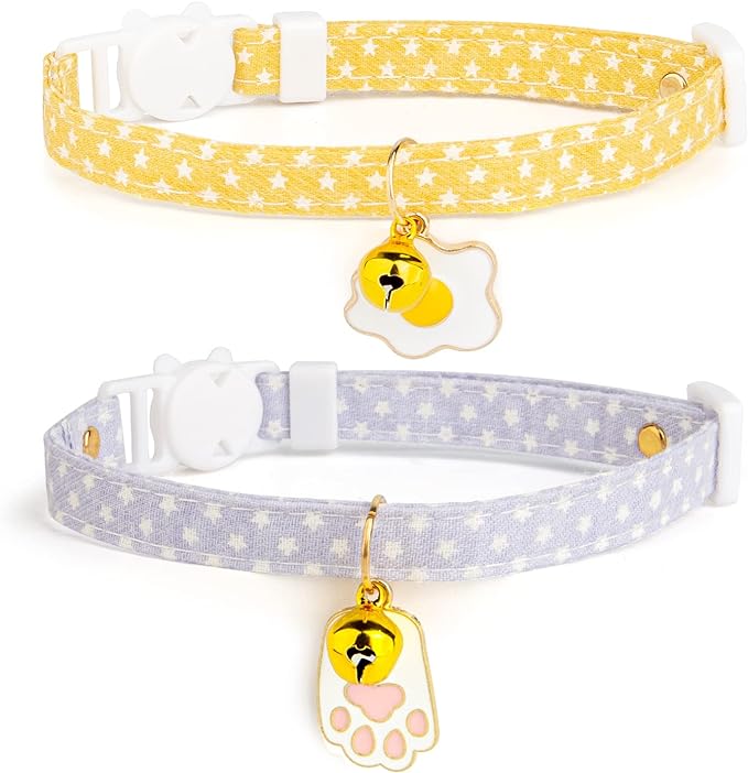 2 Pack Cotton Breakaway Cat Collars with Bell,Yellow & Purple Egg Cat Paw Pendant Cute Cat Collar Kitten Collar,Ideal for Girl Cats Boy Cats