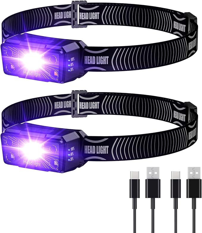 SEVENKA 2 UV Headlamp Flashlight Black Light, Rechargeable LED Hand Free Mini UV Blacklight 395nm Head Light with White & Ultraviolet Light, Detector for Pet Dog/Cat Urine Stains,Bed Bug,Scorpions