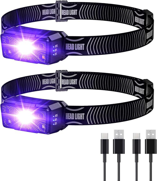 SEVENKA 2 UV Headlamp Flashlight Black Light, Rechargeable LED Hand Free Mini UV Blacklight 395nm Head Light with White & Ultraviolet Light, Detector for Pet Dog/Cat Urine Stains,Bed Bug,Scorpions