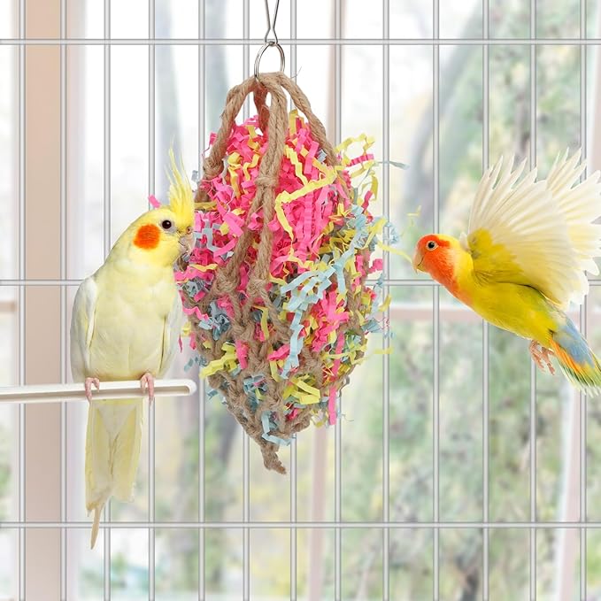 Bird Jute Paper Strips Parrot Mesh Bag Hanging Chewing Toy for Parakeet Cockatiel Conure Cockatoo African Grey Macaw