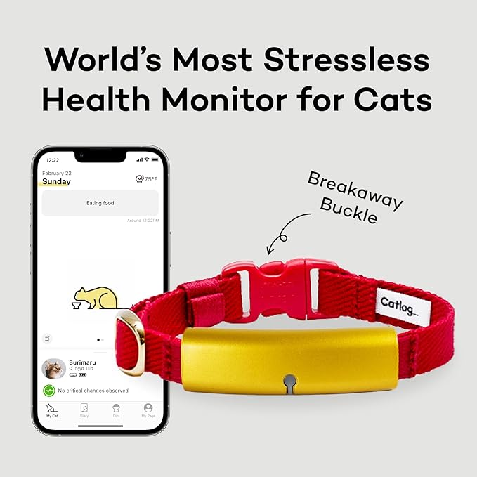 Smart Collar (Red, M) - Smart Collar with a Breakaway Buckle, Healthcare Tracker for Indoor Cat, Live Behavior Tracking, Loss of Energy Alerts