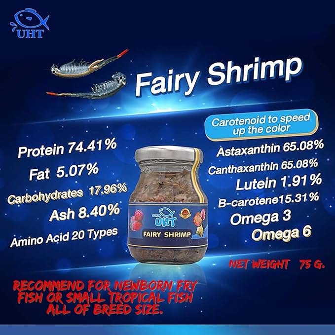 UTH Fish Food Fresh Fairy Shrimp 75 g. Best Tropical Fish Food Grow Faster & Color Enhancer Slow Sinking Like Pellets High Protein 74.41% for All Baby Fry Newborn Fish Feed & Small Fish Care