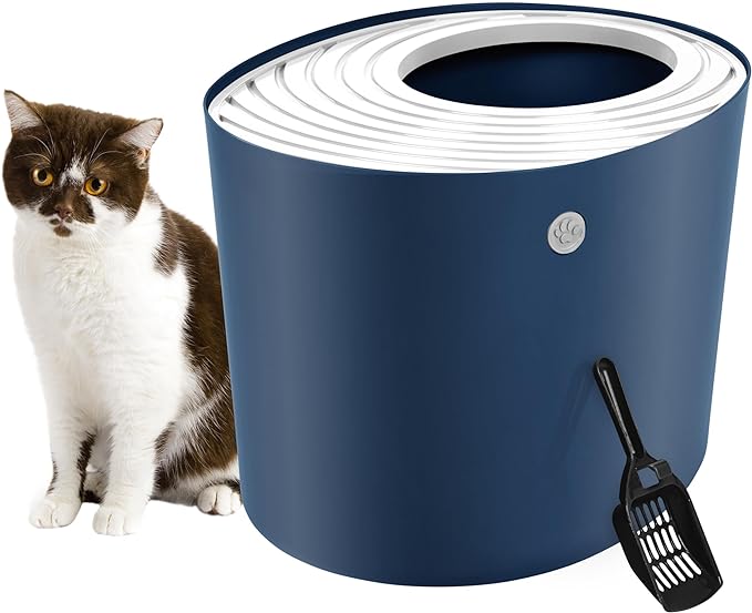 IRIS USA Large Top Entry Cat Litter Box with Scoop, Stylish Round Cat Litter Box Enclosure, Kitty Litter Box, Navy/White