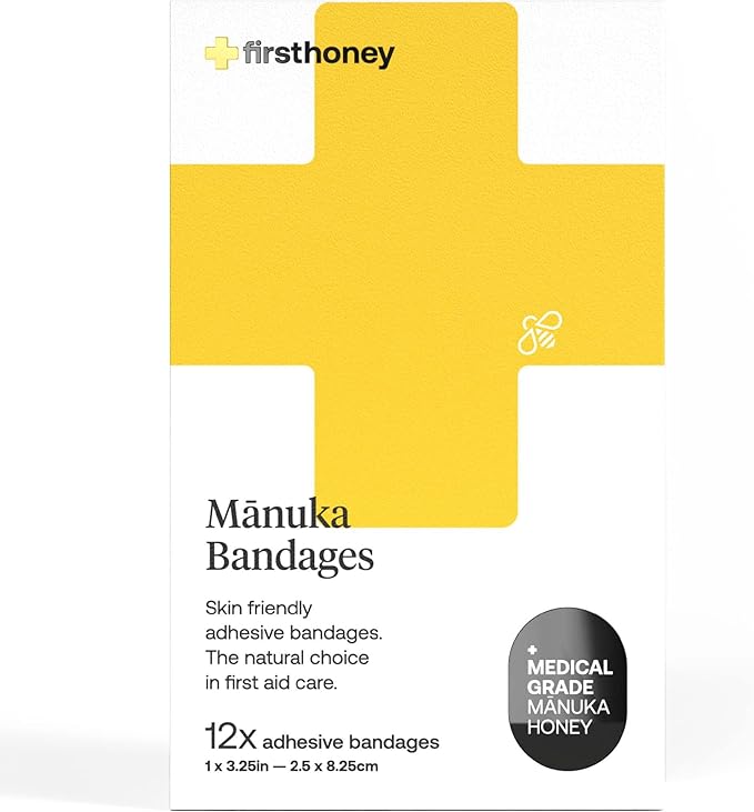 First Honey Manuka Honey Adhesive Bandages 12 Pack | Latex Free, Antibiotic Free Wound Dressing | Medical Grade Honey Adhesive Pads | First Aid Care Burns, Cuts, Scrapes, Wounds, Lacerations
