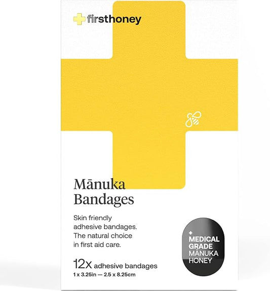 First Honey Manuka Honey Adhesive Bandages 12 Pack | Latex Free, Antibiotic Free Wound Dressing | Medical Grade Honey Adhesive Pads | First Aid Care Burns, Cuts, Scrapes, Wounds, Lacerations