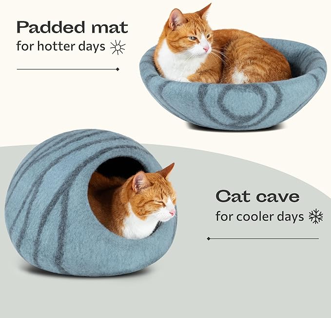 MEOWFIA Premium Felt Cat Bed Cave - Handmade 100% Merino Wool Bed for Cats and Kittens (Light Shades) (Large, Aquamarine)