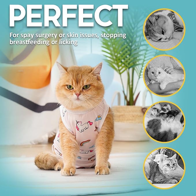 Avont Cat Recovery Suit - Kitten Onesie for Cats After Surgery, Cone of Shame Alternative Surgical Spay Suit for Female Cat, Post-Surgery or Skin Diseases Protection -Rainbow(S)