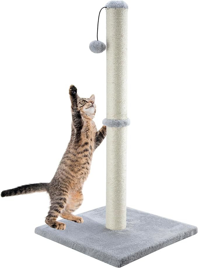 34“ Tall Cat Scratching Post Large Vertical Scratcher for Indoor Cats and Kittens, Sturdy Cat Scratch Pole with Sisal Rope and Hanging Interactive Ball, Big Heavy Base Covered with Soft Plush (Grey)