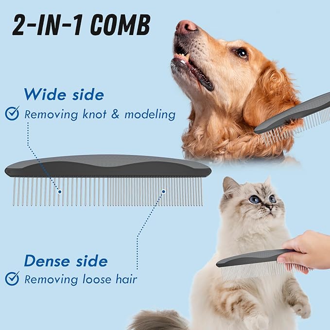 Pet Grooming Brush and Metal Comb Combo, Cat Brush Dog Brush for Shedding, Undercoat Rake for Dogs Grooming, Dematting Deshedding Brush Dogs Shedding Tool for Long matted Haired Pets, Gray