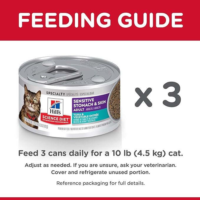 Hill's Science Diet Sensitive Stomach & Skin, Adult 1-6, Stomach & Skin Sensitivity Support, Wet Cat Food, Tuna & Vegetables Minced, 2.9 oz Can, Case of 24